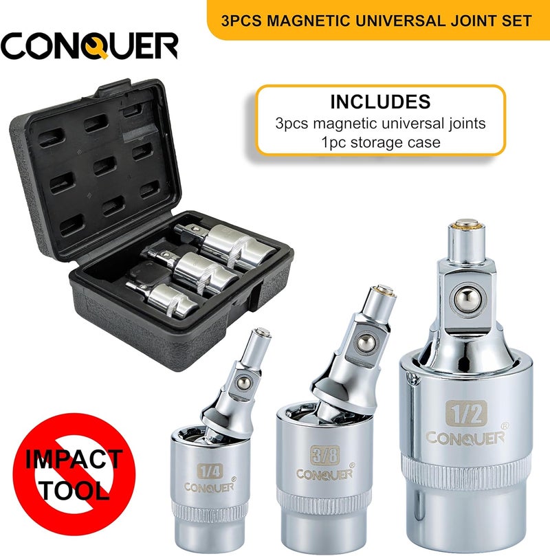 Conquer Magnetic 2-Stage Universal Joint Socket Extension Set – 1/4", 3/8" & 1/2" Drive CR-MO Steel Adapters with Swivel & Fixed Positions, Magnetic Tip for Automotive, Mechanic & DIY Repairs - Image 5